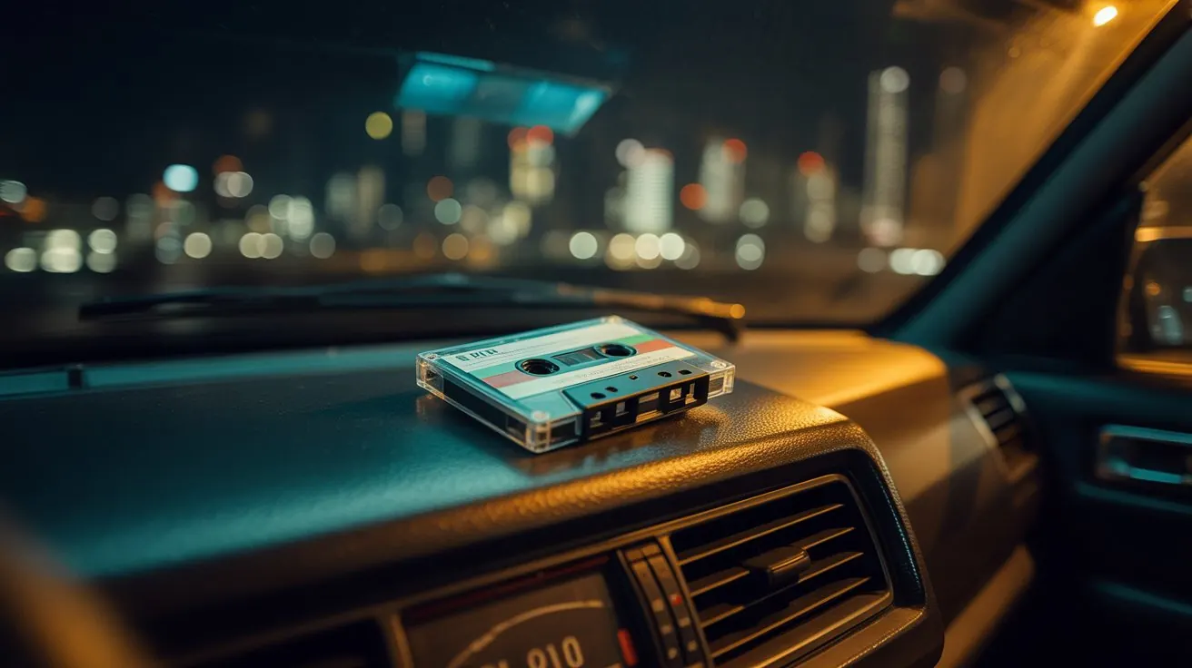 Cassette tape on a car dashboard with Tokyo skyline at night