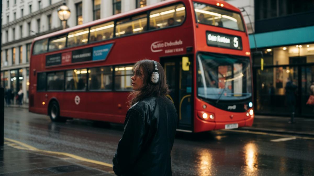 Rainy London street at dusk with a blurred double-decker bus