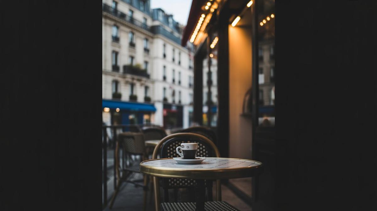 Parisian café terrace in the evening with warm string lights