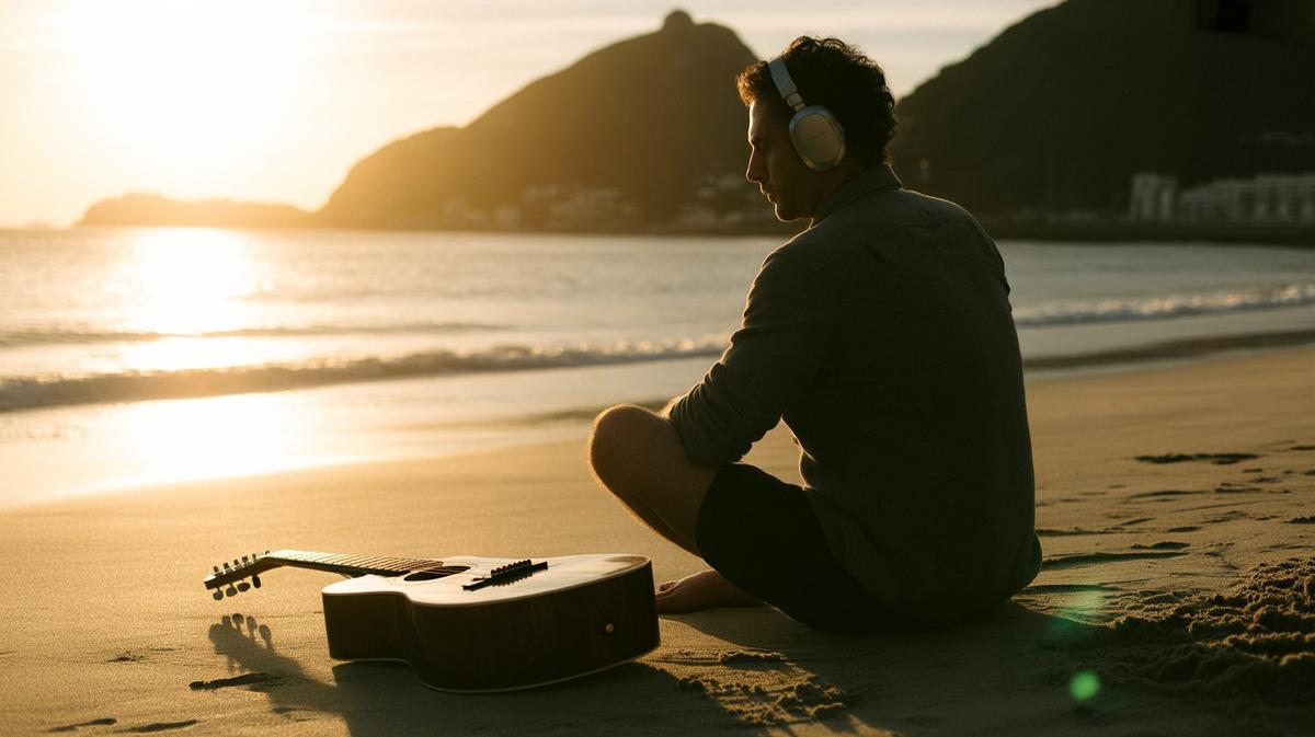 Silhouette with headphones and guitar on a Rio beach at sunset