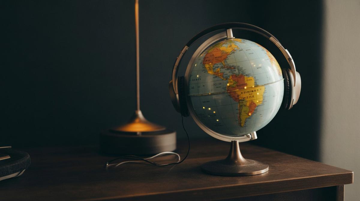 Vintage globe with headphones and points of light on continents