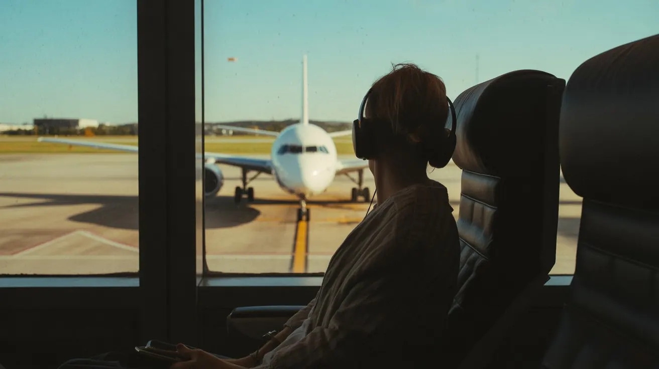 Traveler with headphones at an airport window at golden hour