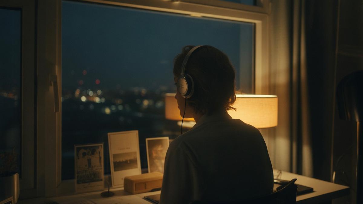 Listener at a night window with city lights and old postcards