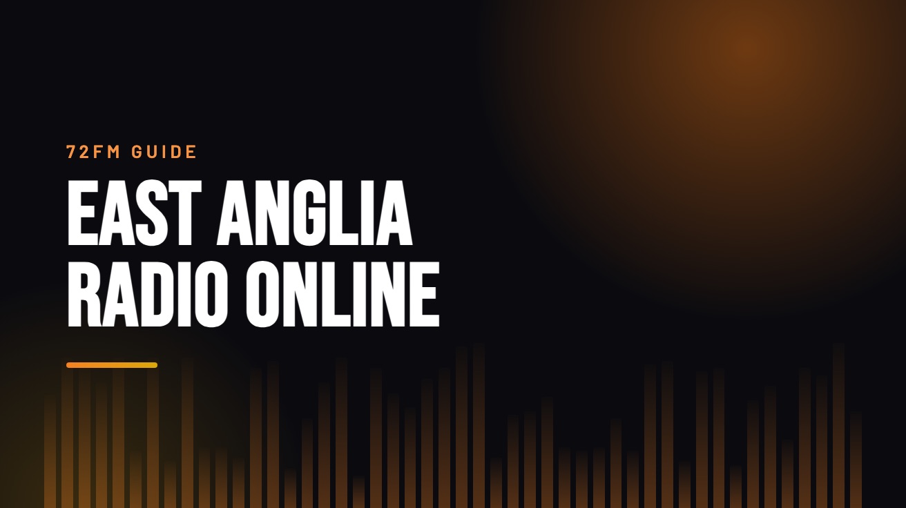 Title card for the guide: East Anglia Radio Online, in amber on black with an equaliser motif