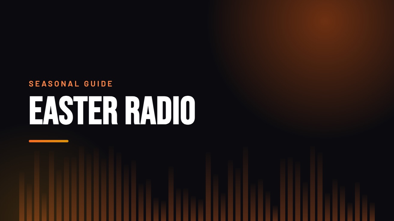 Title card for the guide: Easter Radio, in amber on black with an equaliser motif