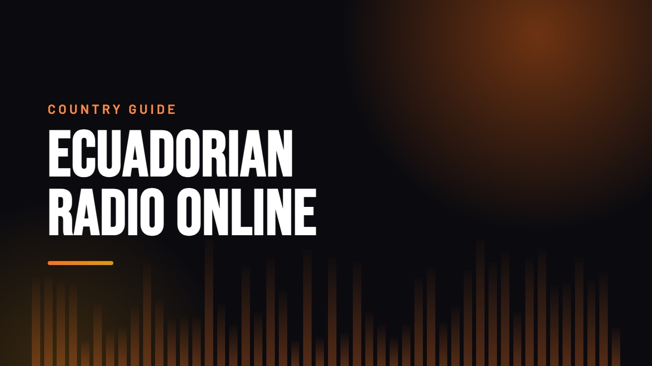 Title card for the guide: Ecuadorian Radio Online, in amber on black with an equaliser motif