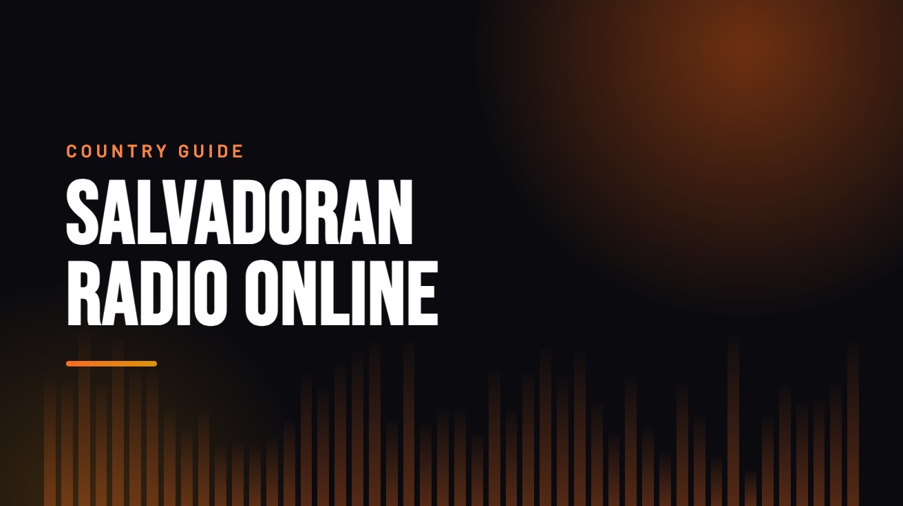 Title card for the guide: Salvadoran Radio Online, in amber on black with an equaliser motif