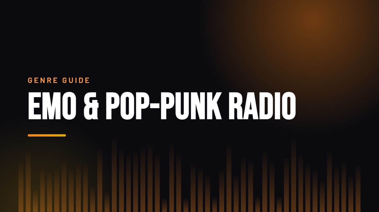 Title card for the guide: Emo & Pop-Punk Radio, in amber on black with an equaliser motif