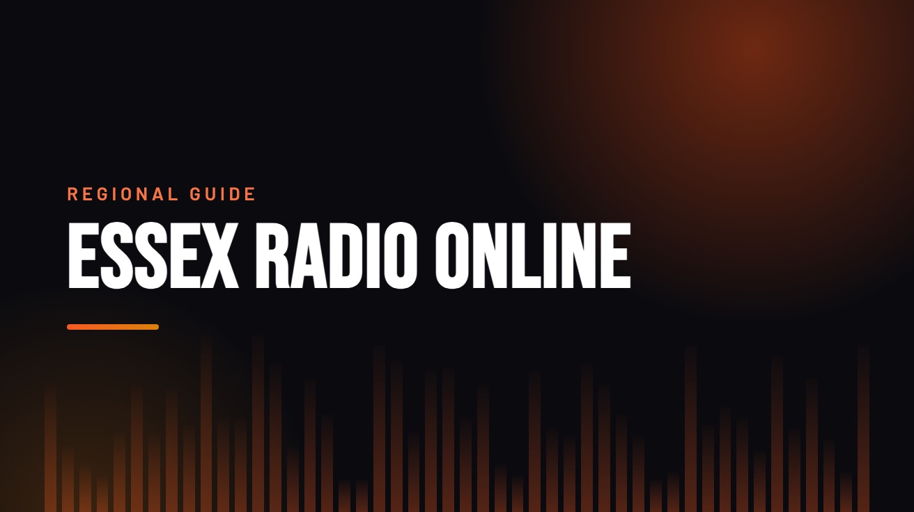 Title card for the guide: Essex Radio Online, in amber on black with an equaliser motif