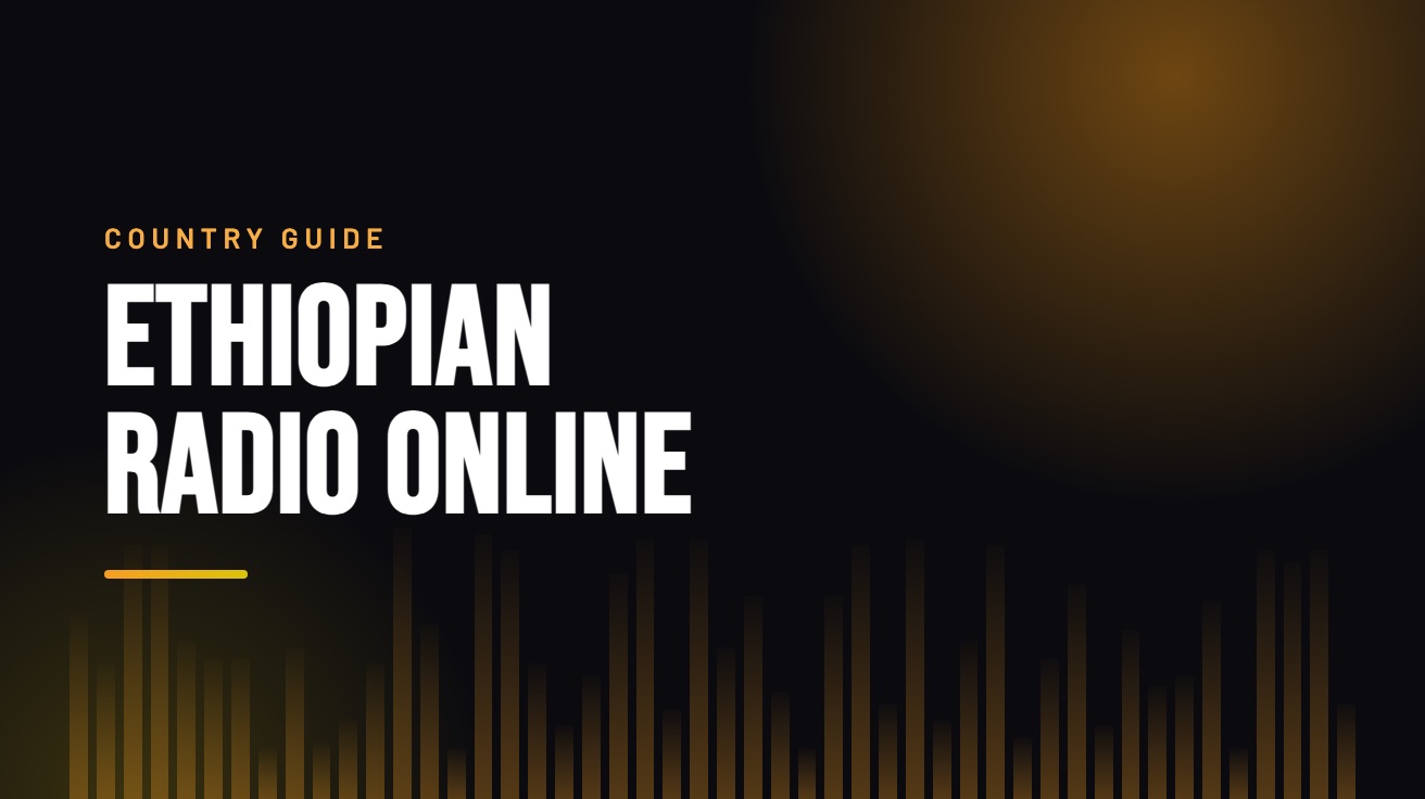 Title card for the guide: Ethiopian Radio Online, in amber on black with an equaliser motif
