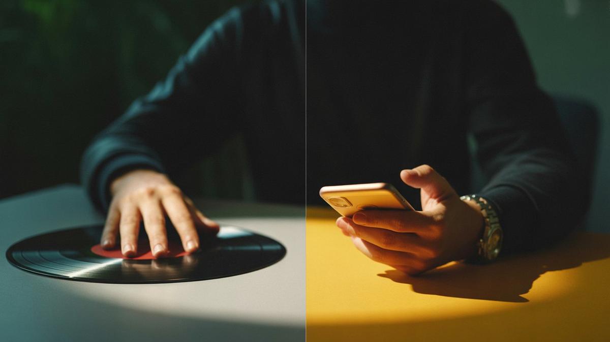 Hand on a vinyl record beside a hand holding a glowing phone