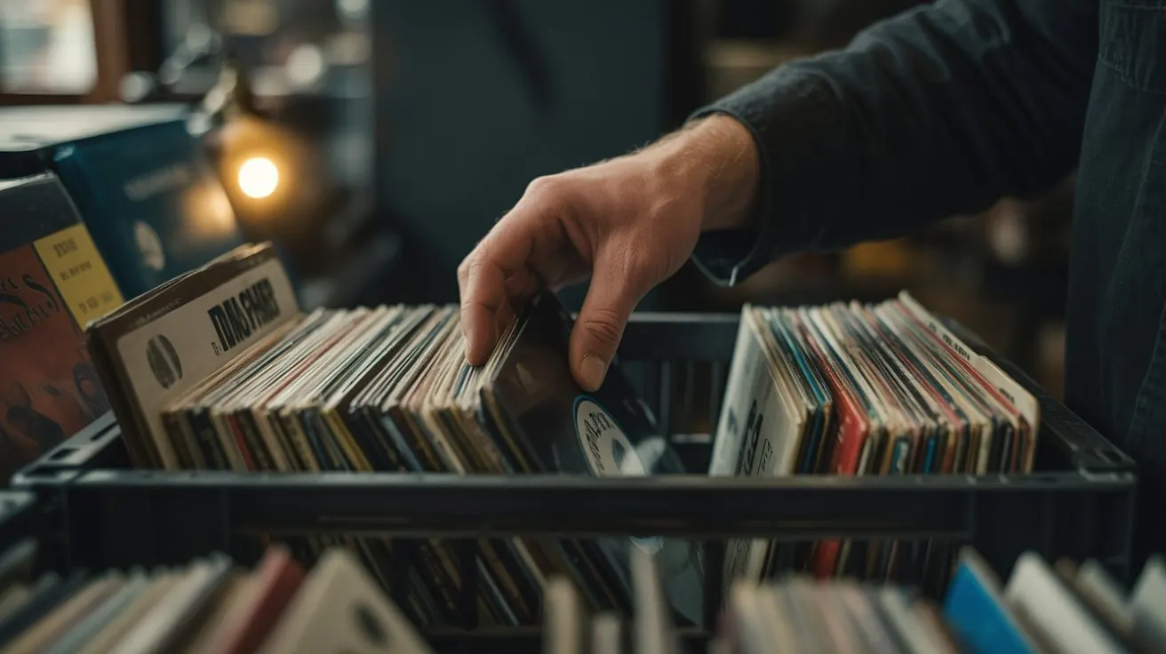 Fingers digging through a crate of vinyl records