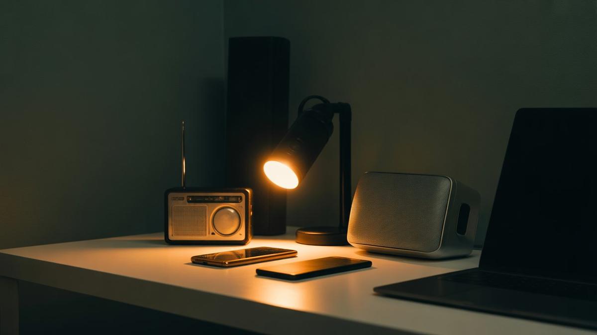 Several listening devices on a desk under one warm spotlight