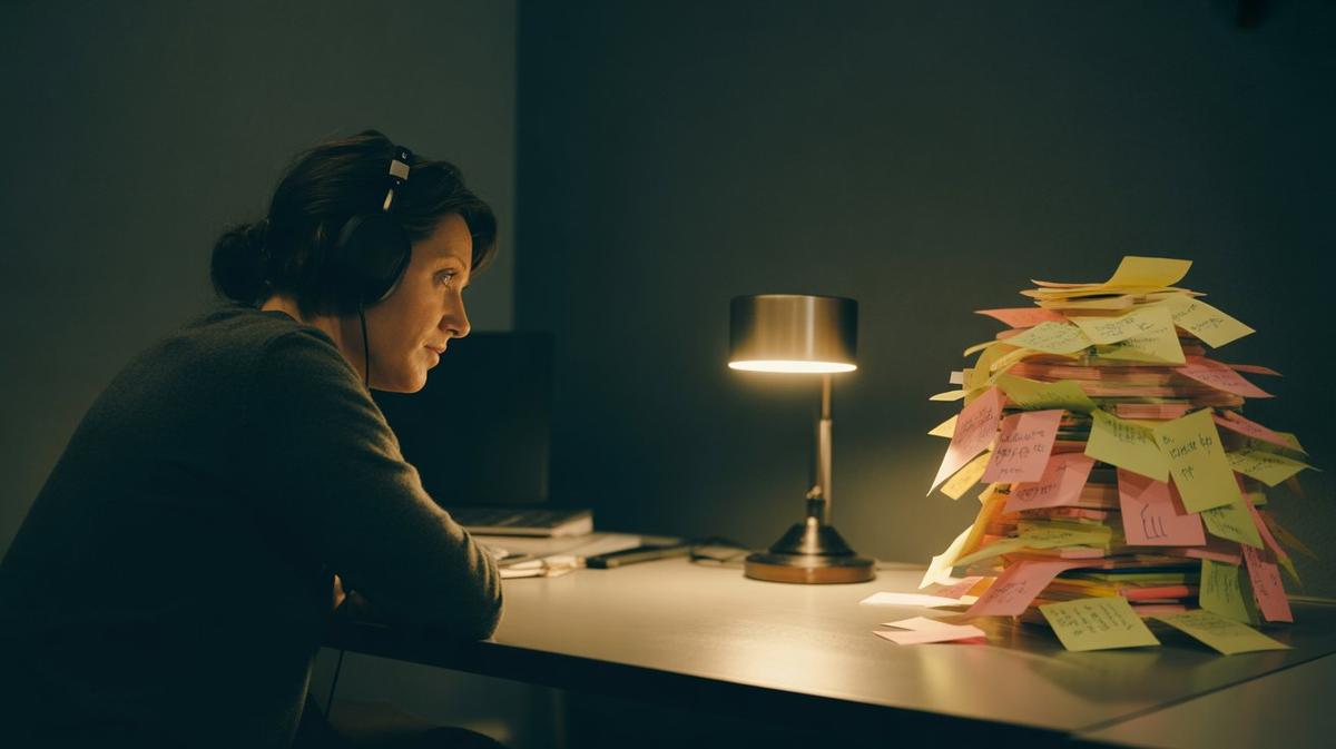 Focused listener at a clean desk lit by a single warm lamp