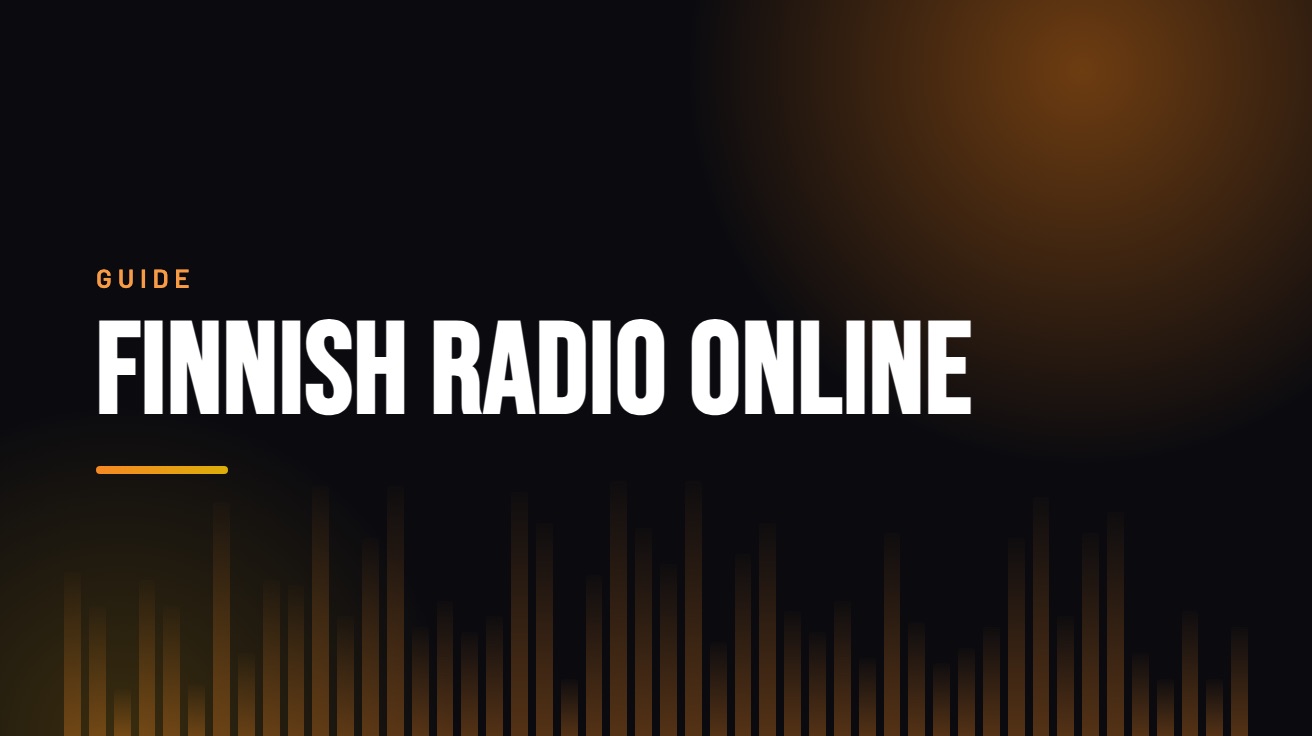 Title card for the guide: Finnish Radio Online, in amber on black with an equaliser motif