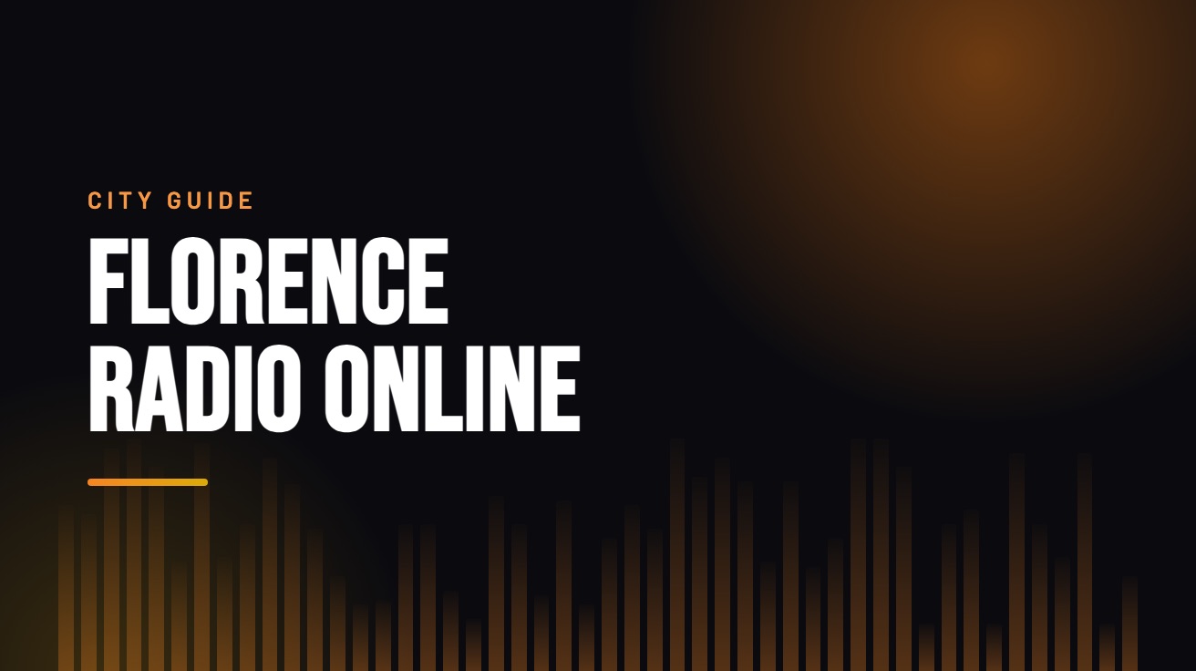 Title card for the guide: Florence Radio Online, in amber on black with an equaliser motif