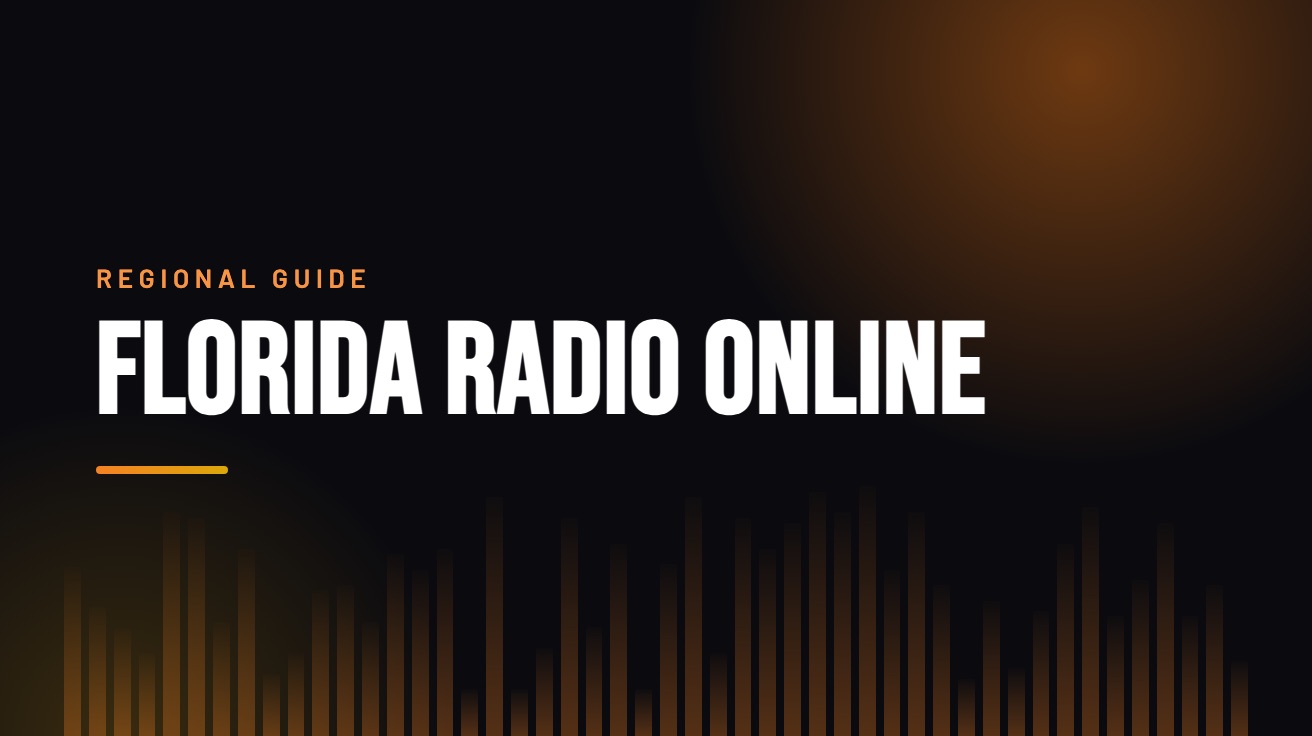 Title card for the guide: Florida Radio Online, in amber on black with an equaliser motif