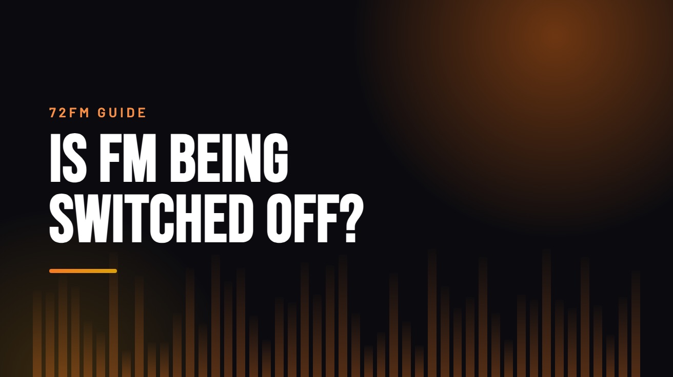 Title card for the guide: Is FM Radio Being Switched Off, in amber on black with an equaliser motif