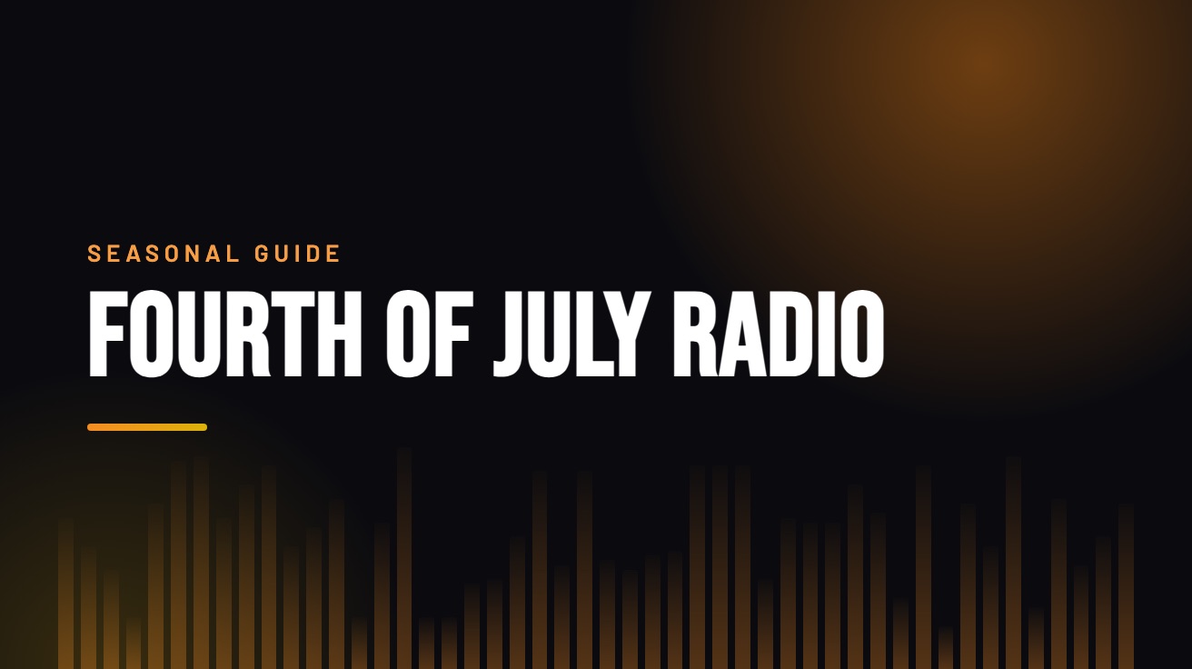 Title card for the guide: Fourth of July Radio, in amber on black with an equaliser motif