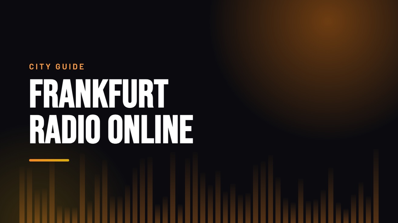 Title card for the guide: Frankfurt Radio Online, in amber on black with an equaliser motif