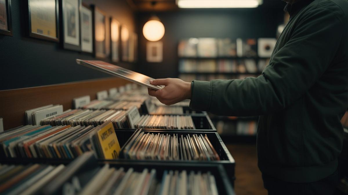 Hands flipping through vinyl crates in a warm record shop