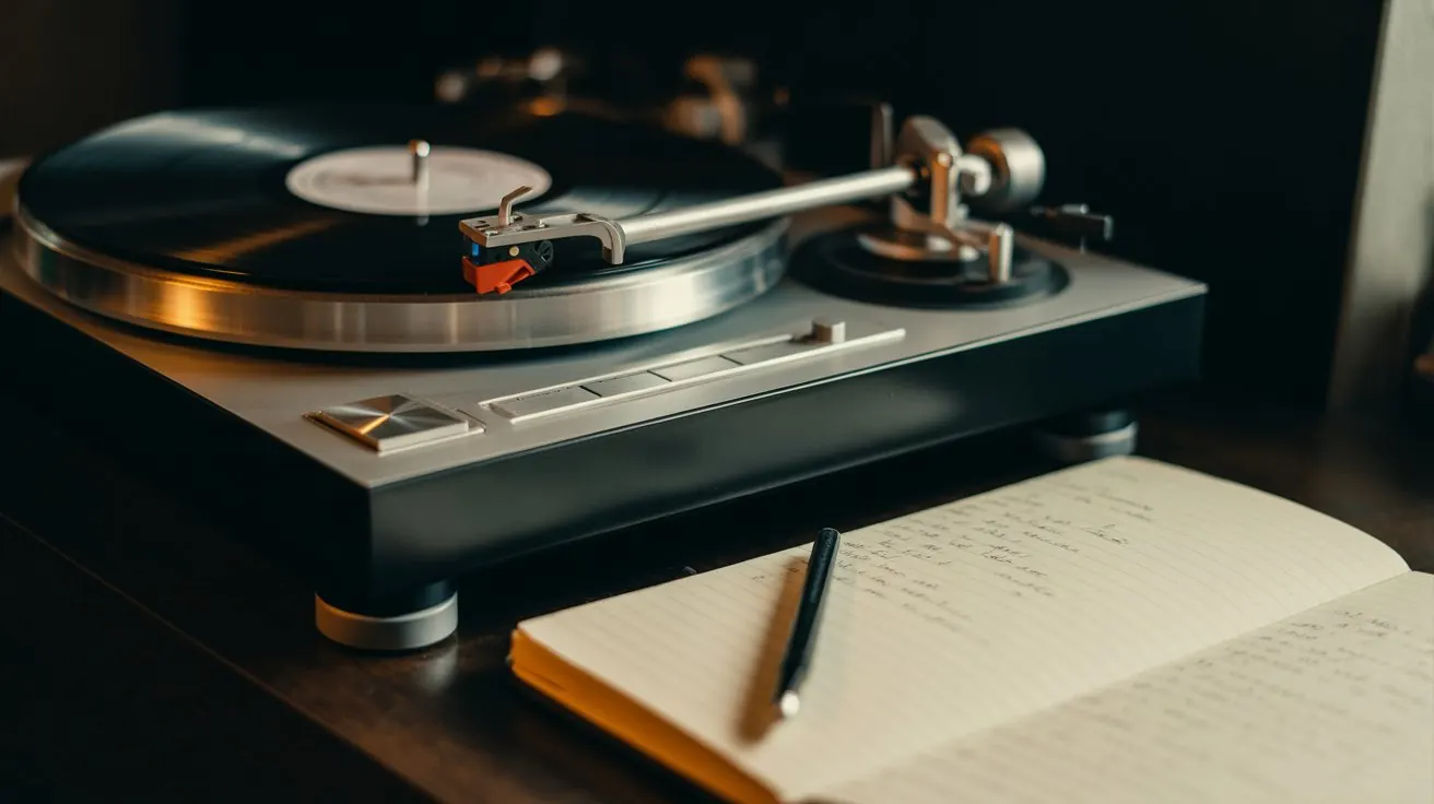 Turntable tonearm lowering onto vinyl beside listening notes