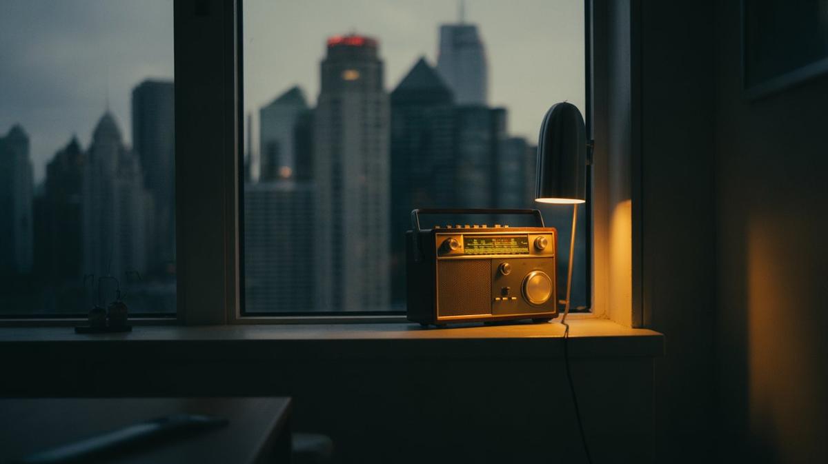 Vintage radio glowing on a windowsill above a dusk skyline