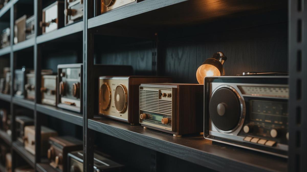 Shelf of vintage radios from different eras in warm light