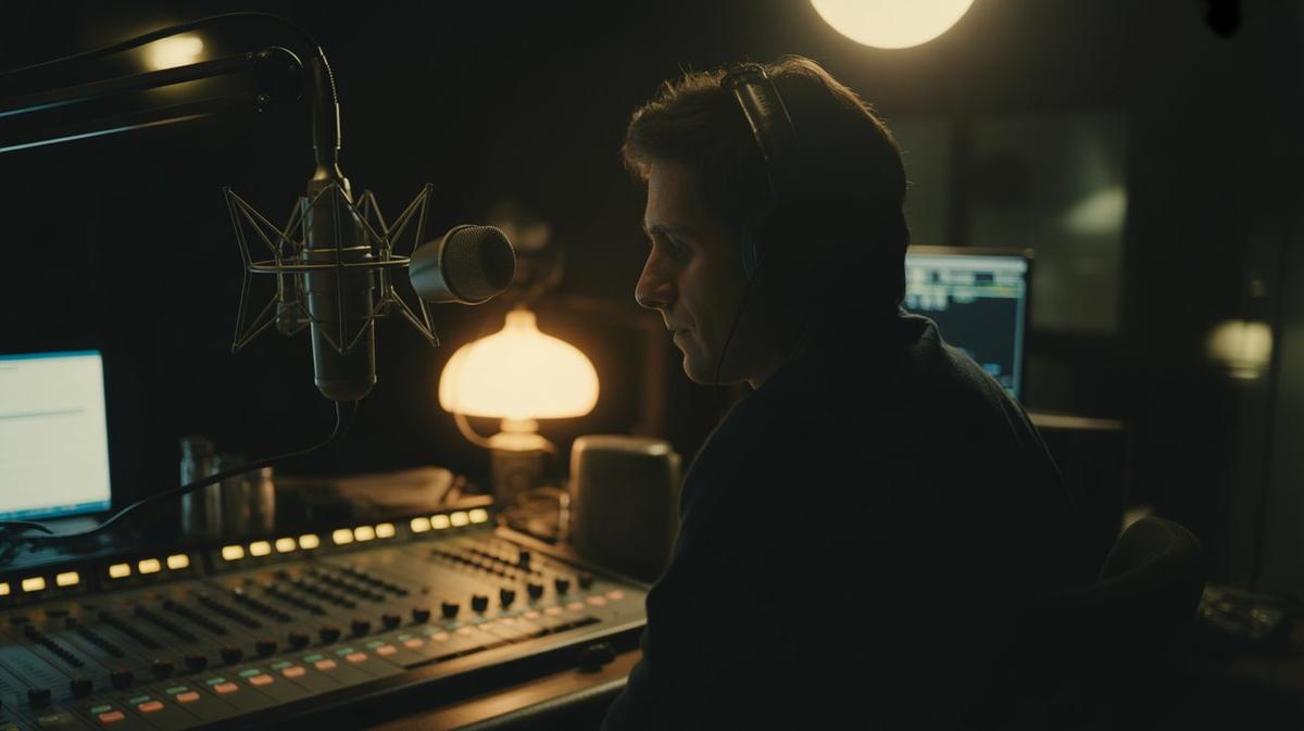 DJ silhouetted at a radio studio mixing desk at night
