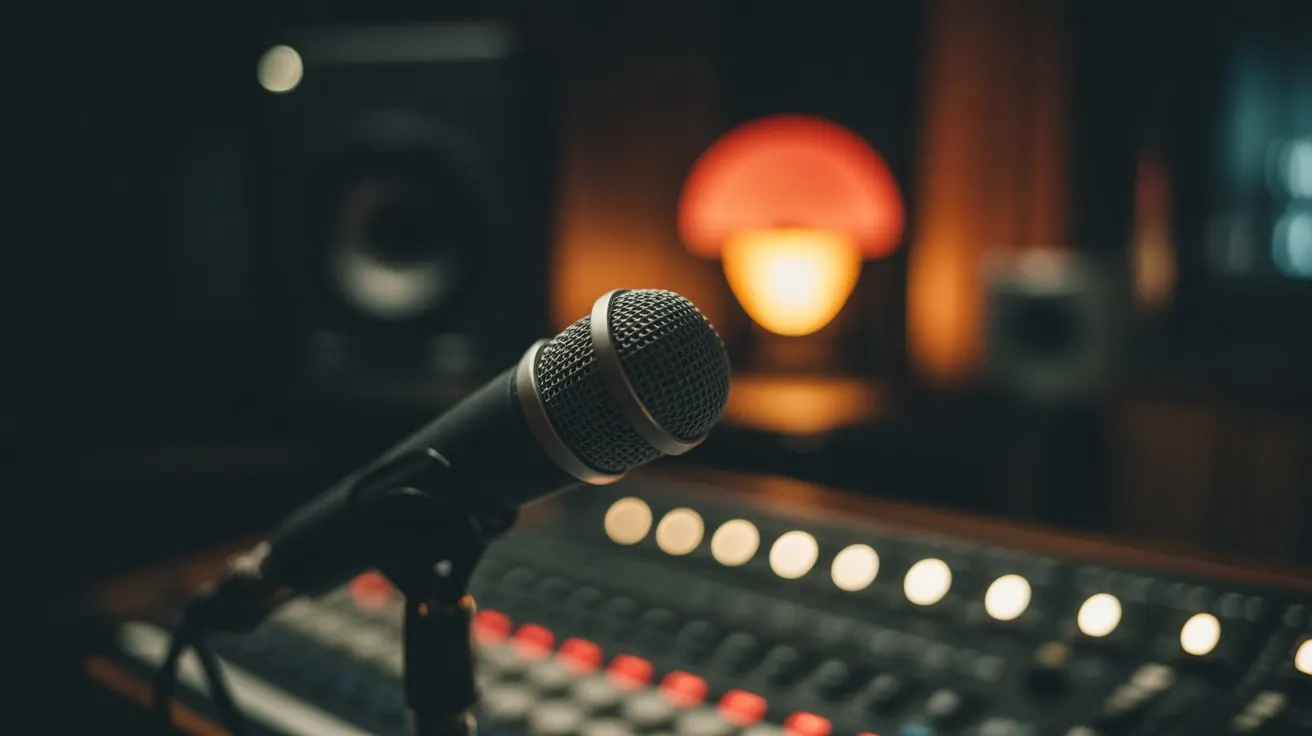 Studio microphone close-up with warm console lights behind