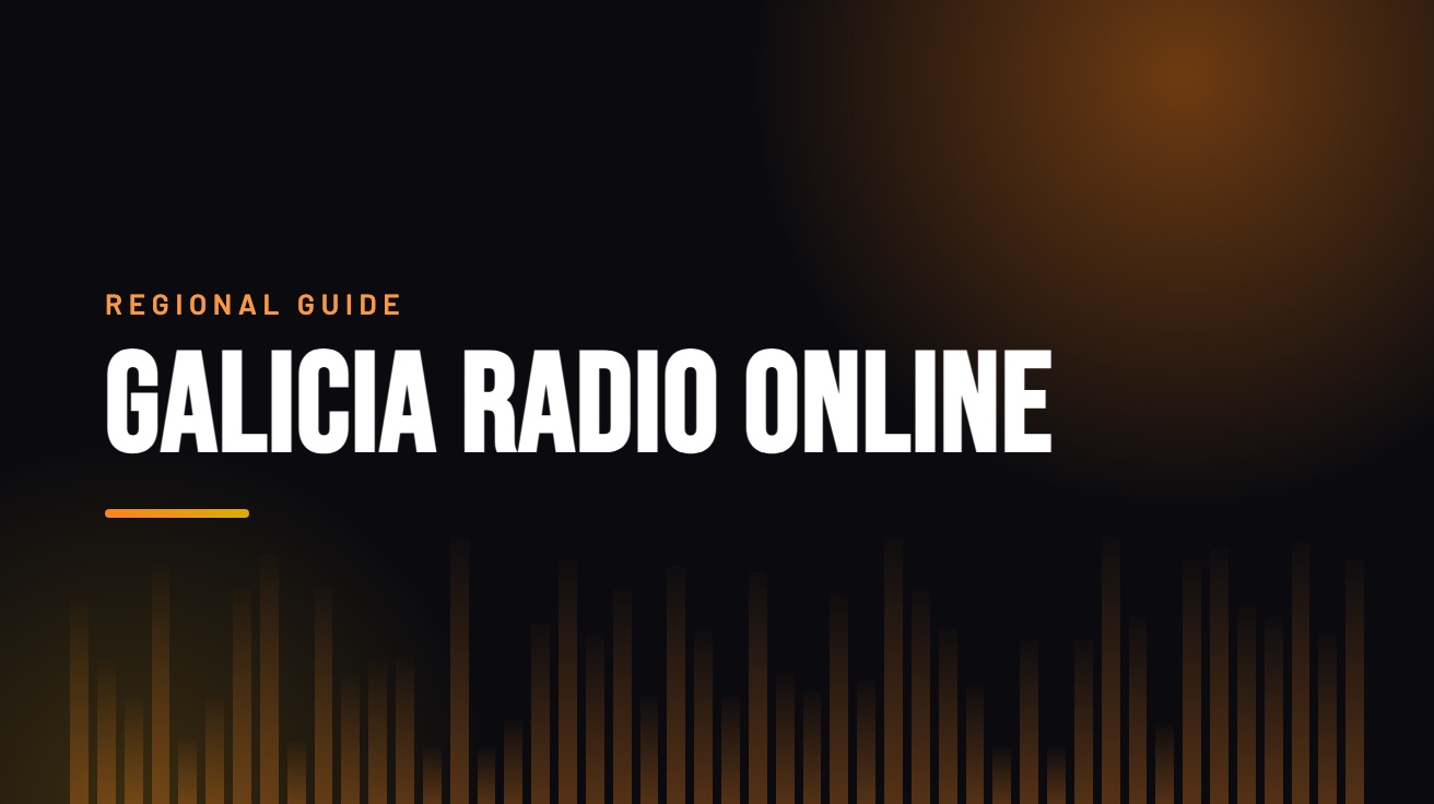 Title card for the guide: Galicia Radio Online, in amber on black with an equaliser motif