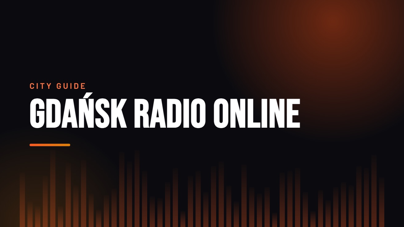 Title card for the guide: Gdańsk Radio Online, in amber on black with an equaliser motif