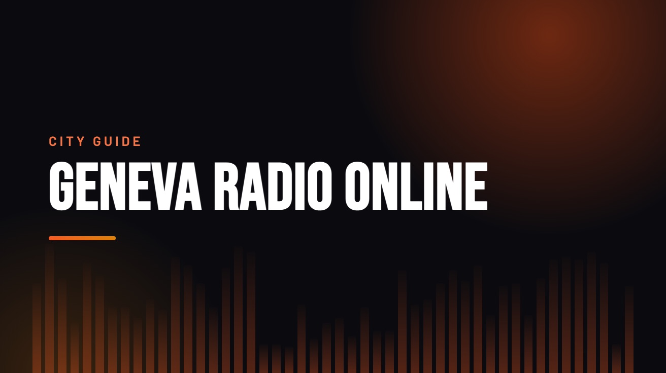 Title card for the guide: Geneva Radio Online, in amber on black with an equaliser motif
