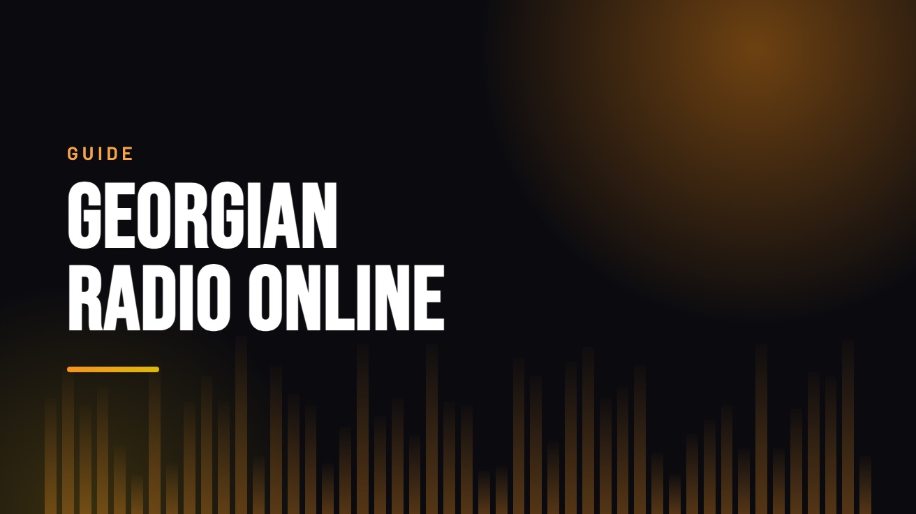Title card for the guide: Georgian Radio Online, in amber on black with an equaliser motif