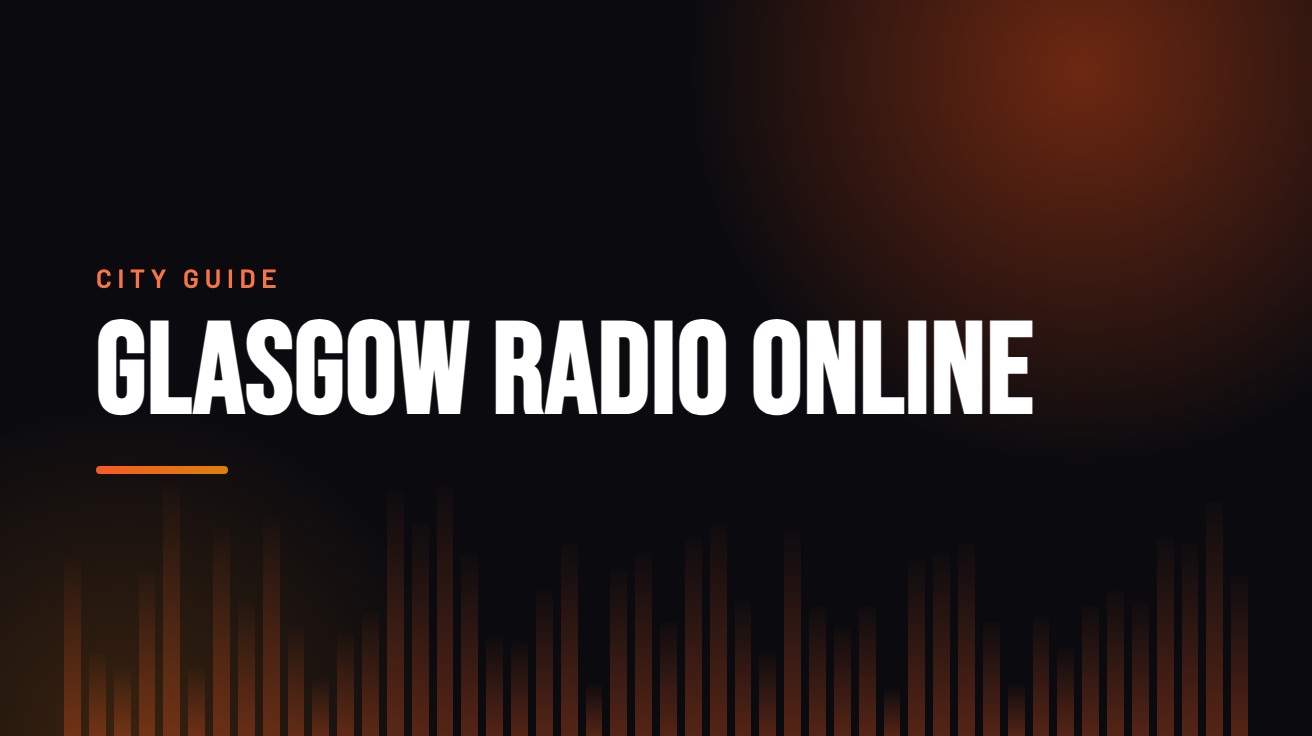 Title card for the guide: Glasgow Radio Online, in amber on black with an equaliser motif