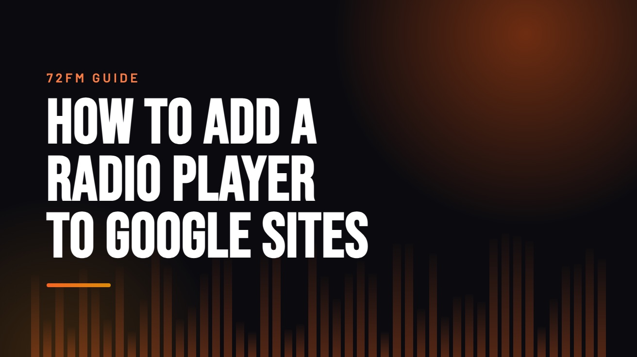 Title card for the guide: How to Add a Radio Player to Google Sites, in amber on black with an equaliser motif