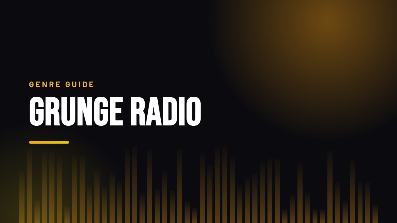 Title card for the guide: Grunge Radio, in amber on black with an equaliser motif