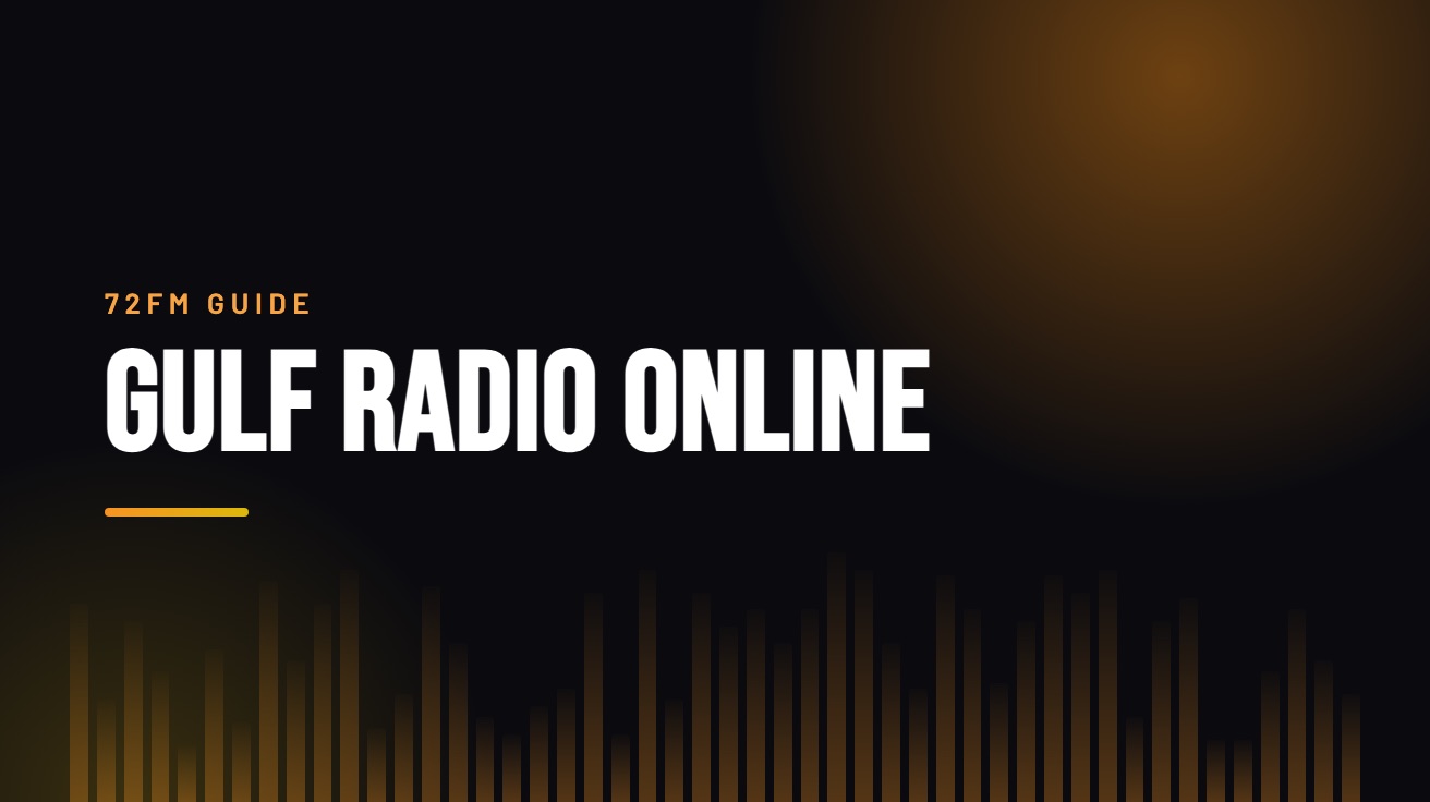 Title card for the guide: Gulf Radio Online, in amber on black with an equaliser motif