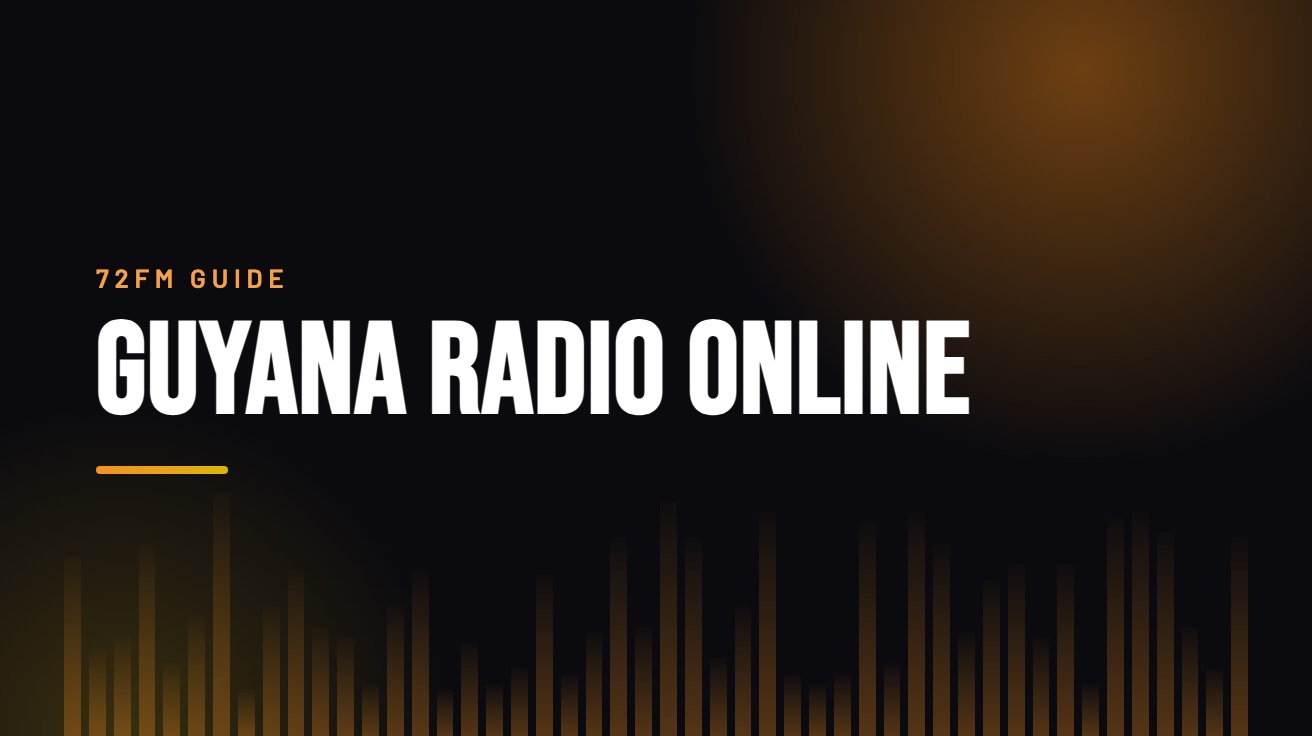 Title card for the guide: Guyana Radio Online, in amber on black with an equaliser motif
