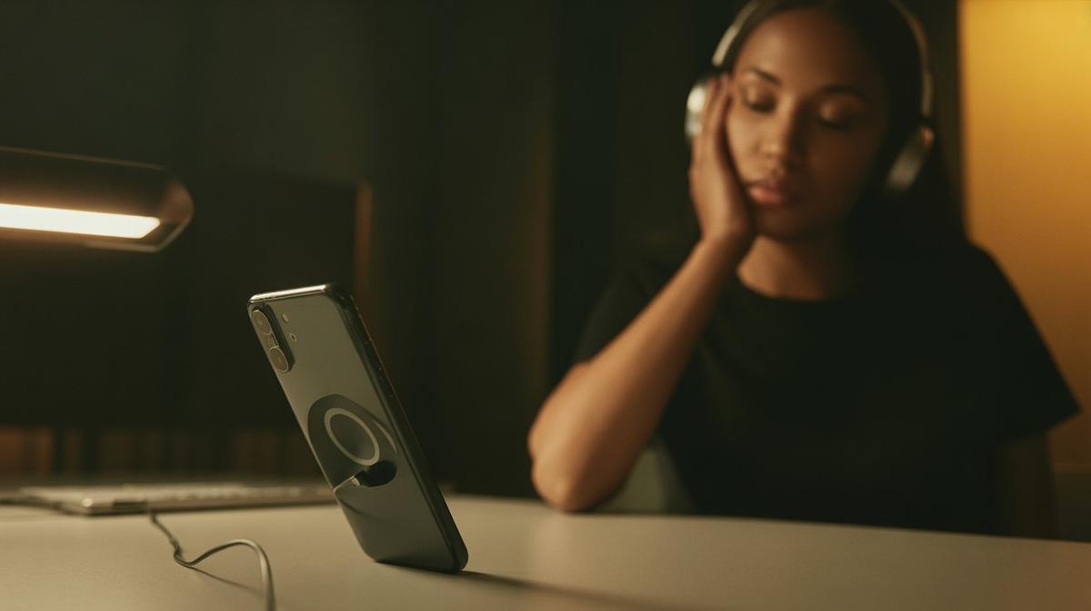 Listener waiting beside a phone with a soft loading glow