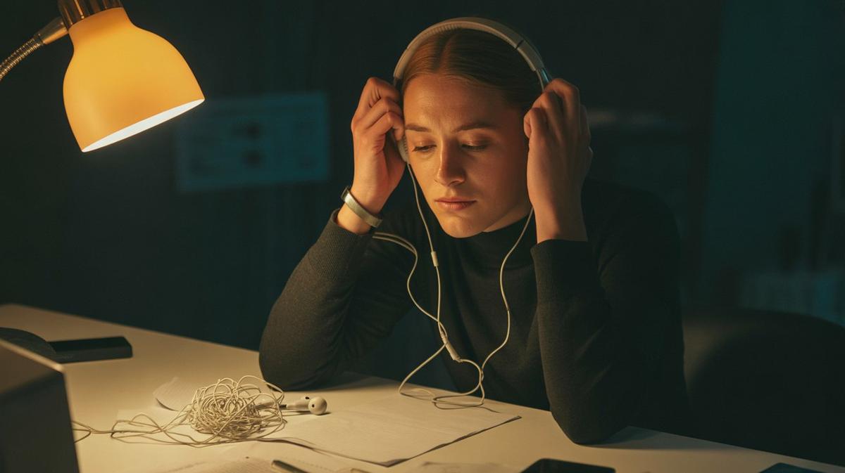 Student pulling off headphones at a cluttered study desk