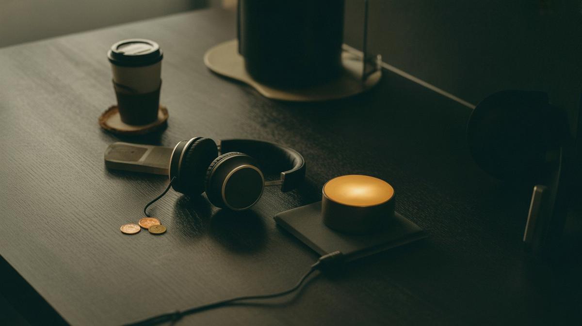 Headphones, coins and a coffee cup on dark wood