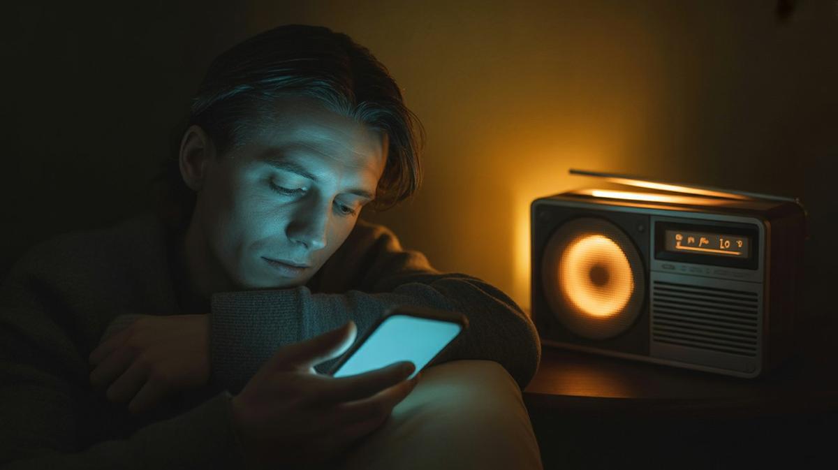 Tired person lit by a cold phone screen near a warm glowing radio