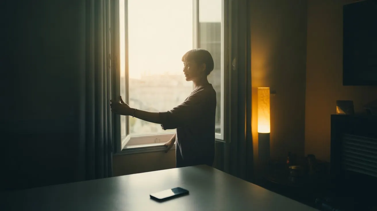 Person opening a window to morning light, phone left face-down