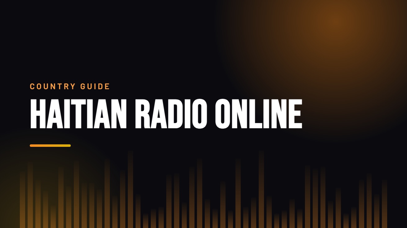 Title card for the guide: Haitian Radio Online, in amber on black with an equaliser motif