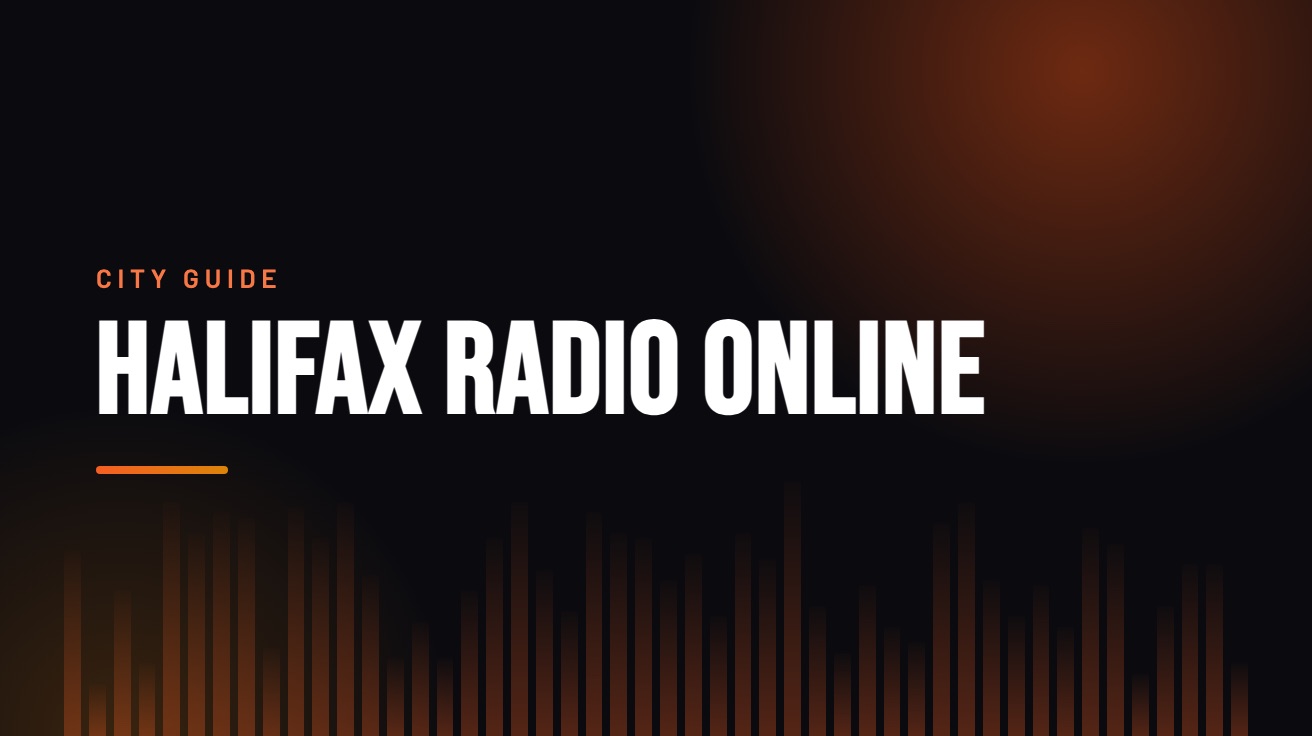 Title card for the guide: Halifax Radio Online, in amber on black with an equaliser motif
