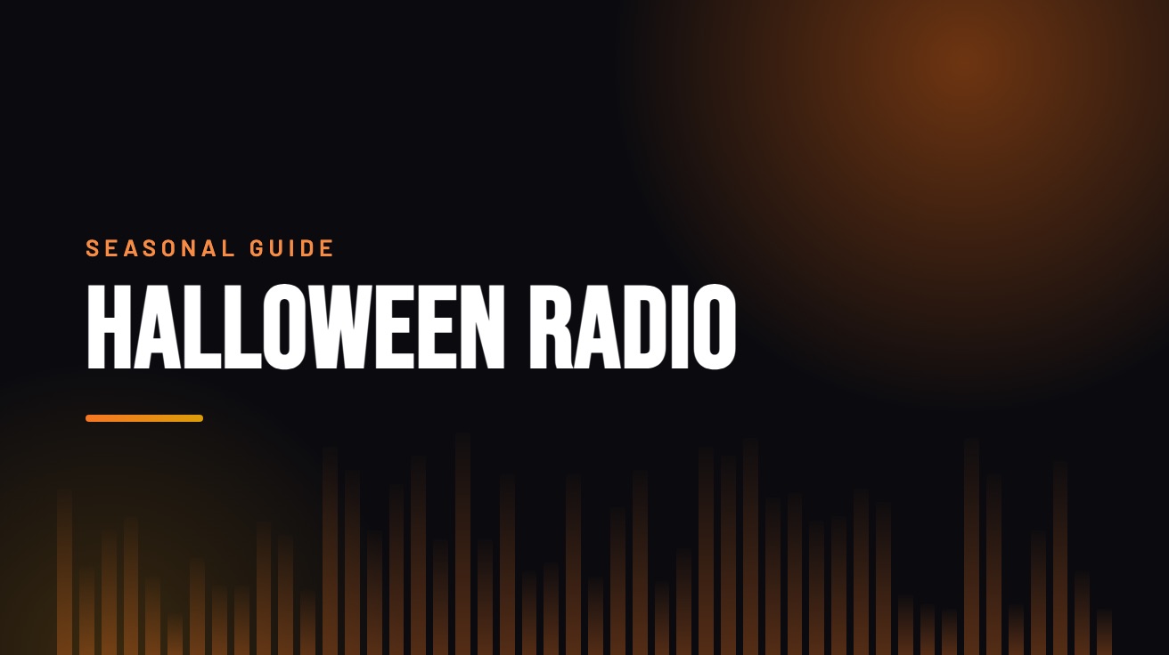Title card for the guide: Halloween Radio, in amber on black with an equaliser motif