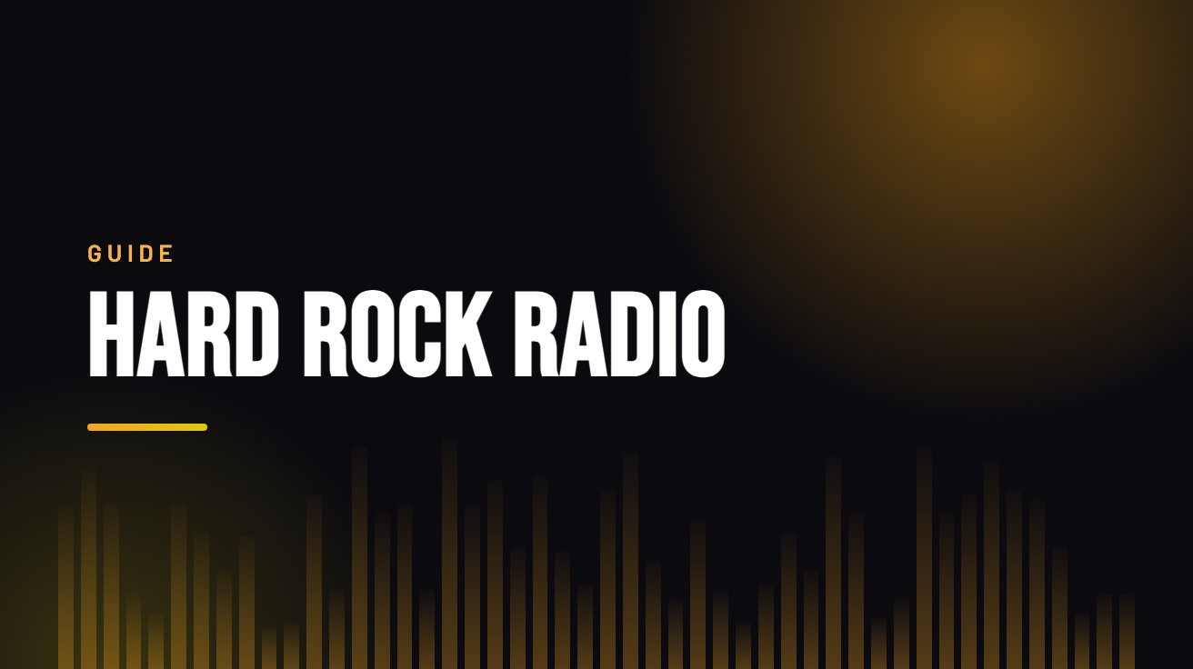 Title card for the guide: Hard Rock Radio, in amber on black with an equaliser motif