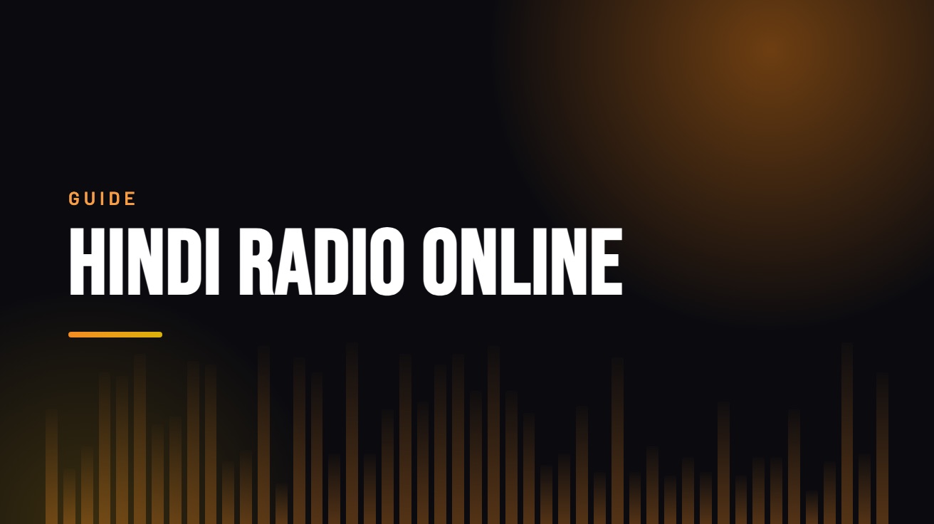 Title card for the guide: Hindi Radio Online, in amber on black with an equaliser motif