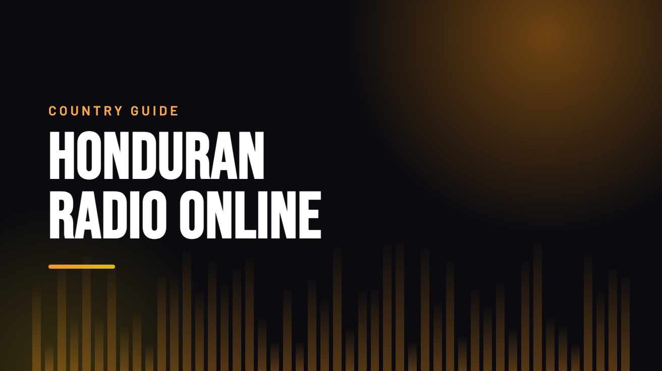 Title card for the guide: Honduran Radio Online, in amber on black with an equaliser motif